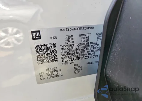 2025 Chevrolet Trax 1Rs z USA, uszkodzony, nr VIN KL77LGEP3SC334039